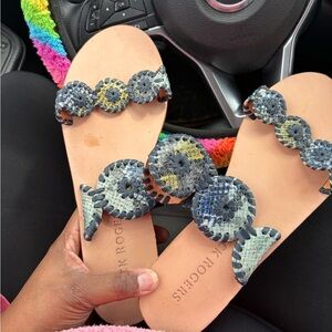 Jack Rogers Blue-Tan Multicolor Woven Disc Leather Sandals